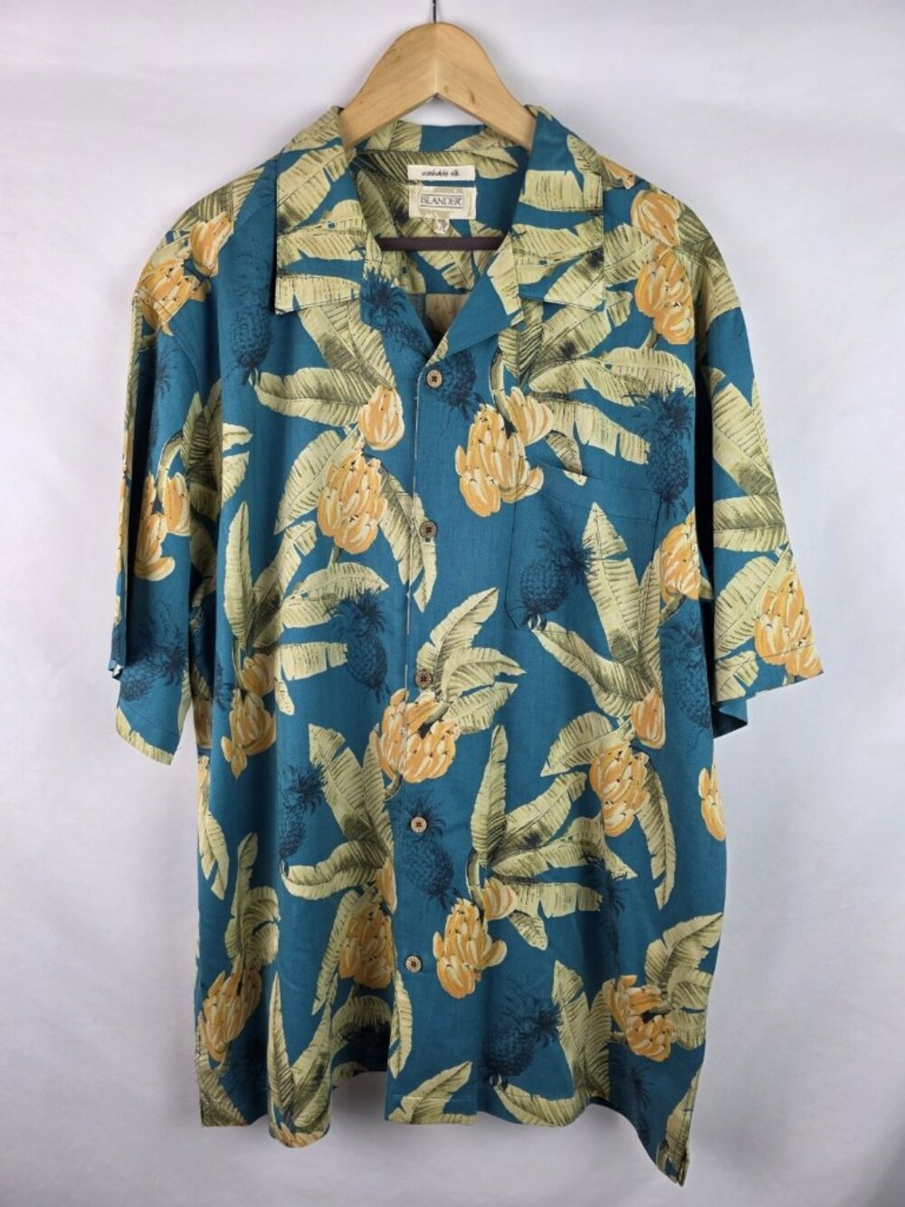 Islander Mens Hawaiian Shirt Sz XXL Teal Silk Banana Pineapple Short Sleeve Top